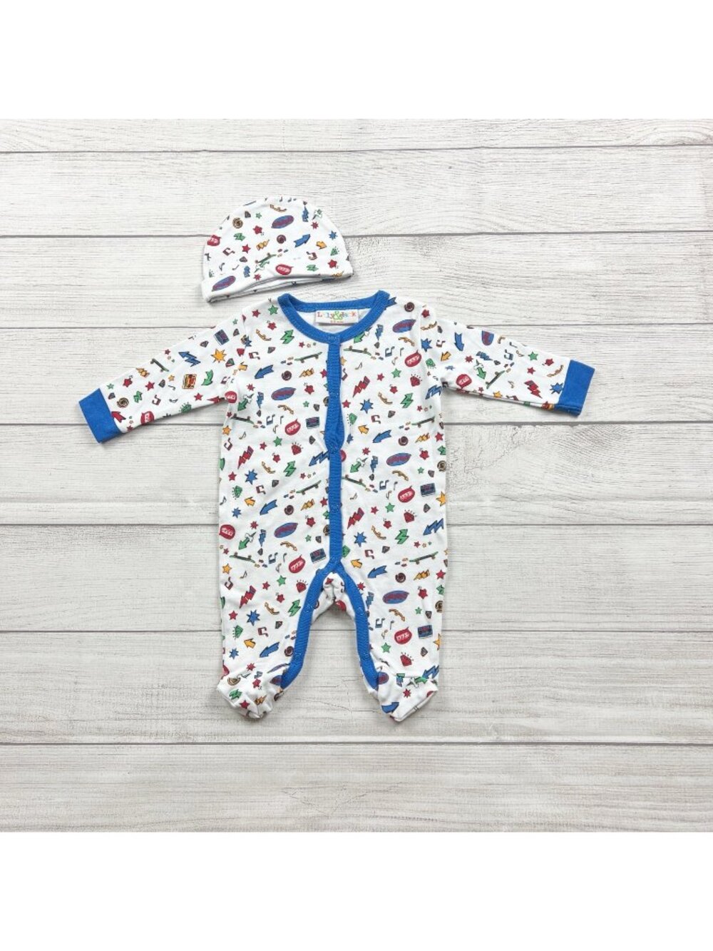 Lily & Jack Baby Boys Footed Sleeper Hat Set White Blue Comic Print 0-3 Months